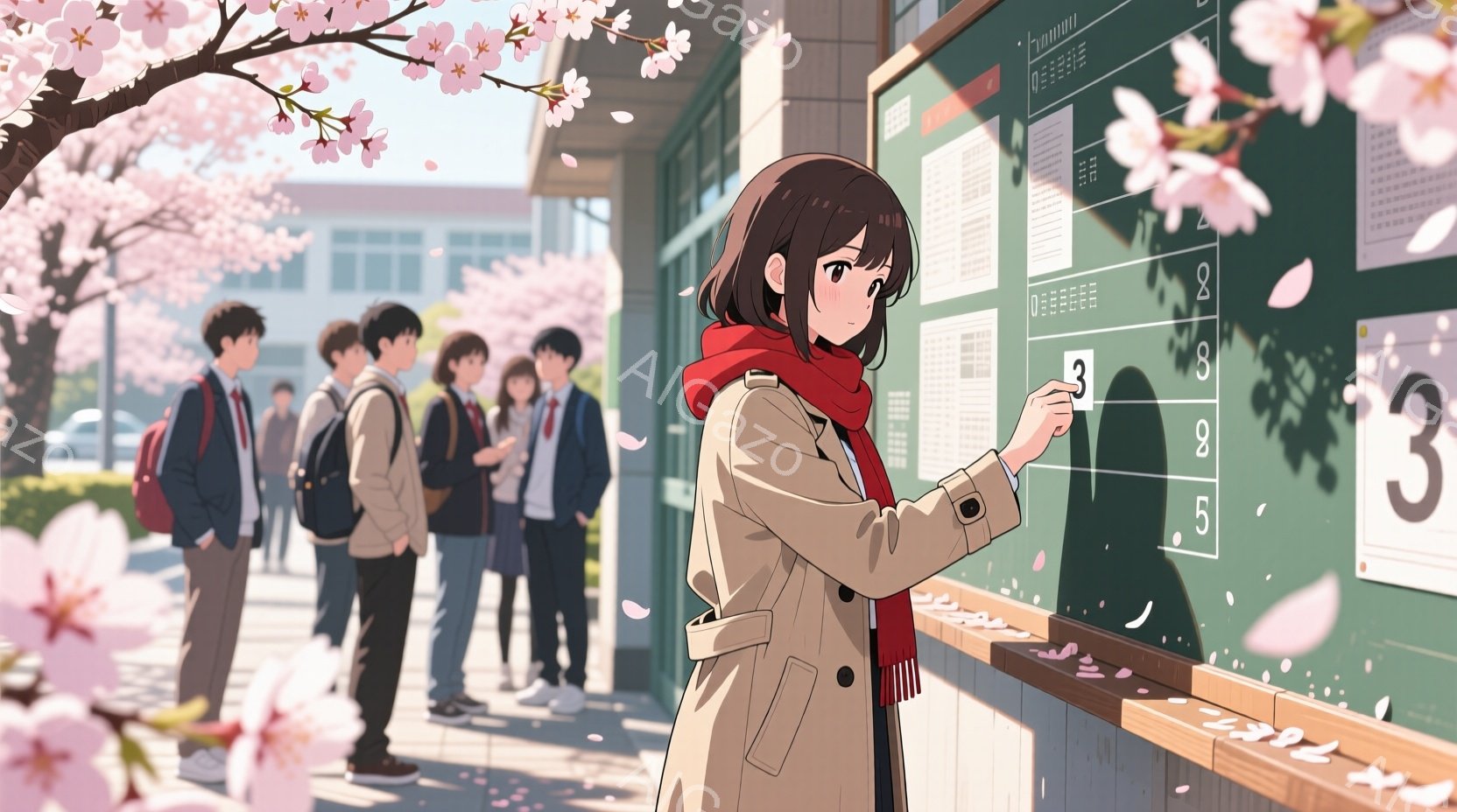 桜の花びらが舞う春の日に、女子学生が掲示板を調べている場面です。彼女はベージュ色のトレンチコートに赤いマフラーを巻き、黒髪を肩まで伸ばしたヘアスタイルです。背景には制服を着た男子学生たちが集まり、学校の建物と青空が見えます。