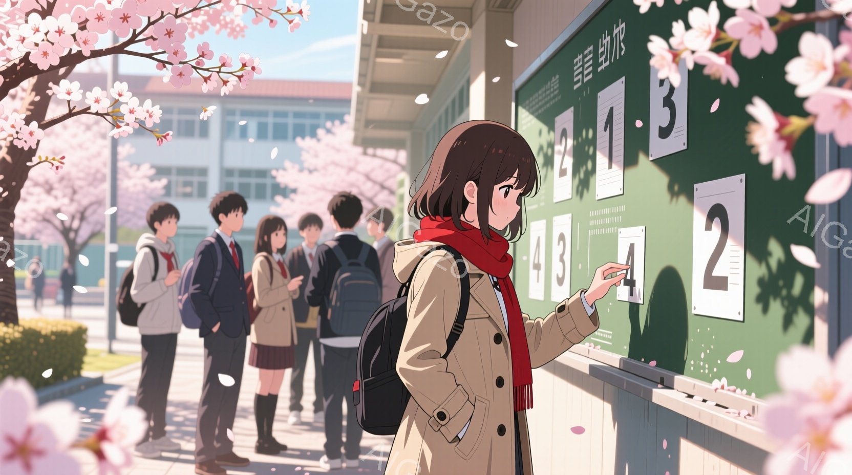 桜の花びらが舞う春の日、制服を着た学生たちが学校の掲示板の前に集まっている。一人の女の子はベージュ色のコートと赤いマフラーを身につけ、掲示板の数字を指でなぞっている様子で、少し緊張した表情をしている。背景には学校の建物と青空が見え、全体的に明るく希望に満ちた雰囲気が漂っている。