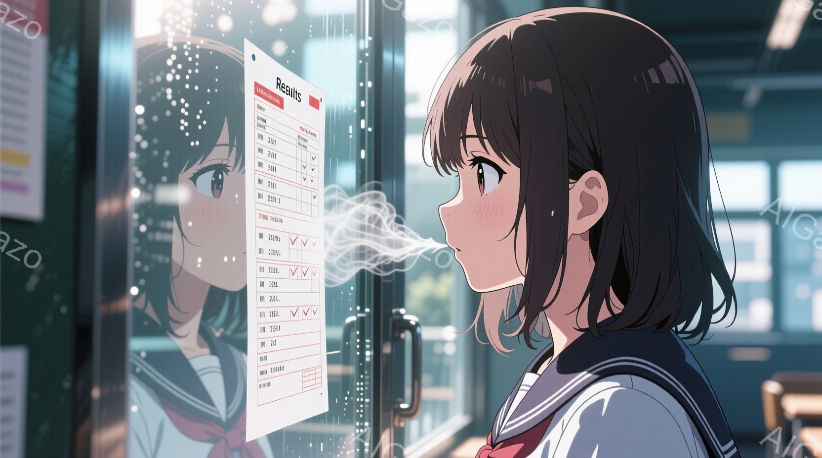 学校の廊下の窓際に立つ女子高生を描いています。彼女は制服を着用し、茶色のショートヘアで、成績表らしきものを窓ガラス越しに見つめ、息を呑むような表情をしています。背景には廊下や窓の外の明るい光がぼやけて見え、全体的に淡く、少し切ない、青春を感じさせる雰囲気です。