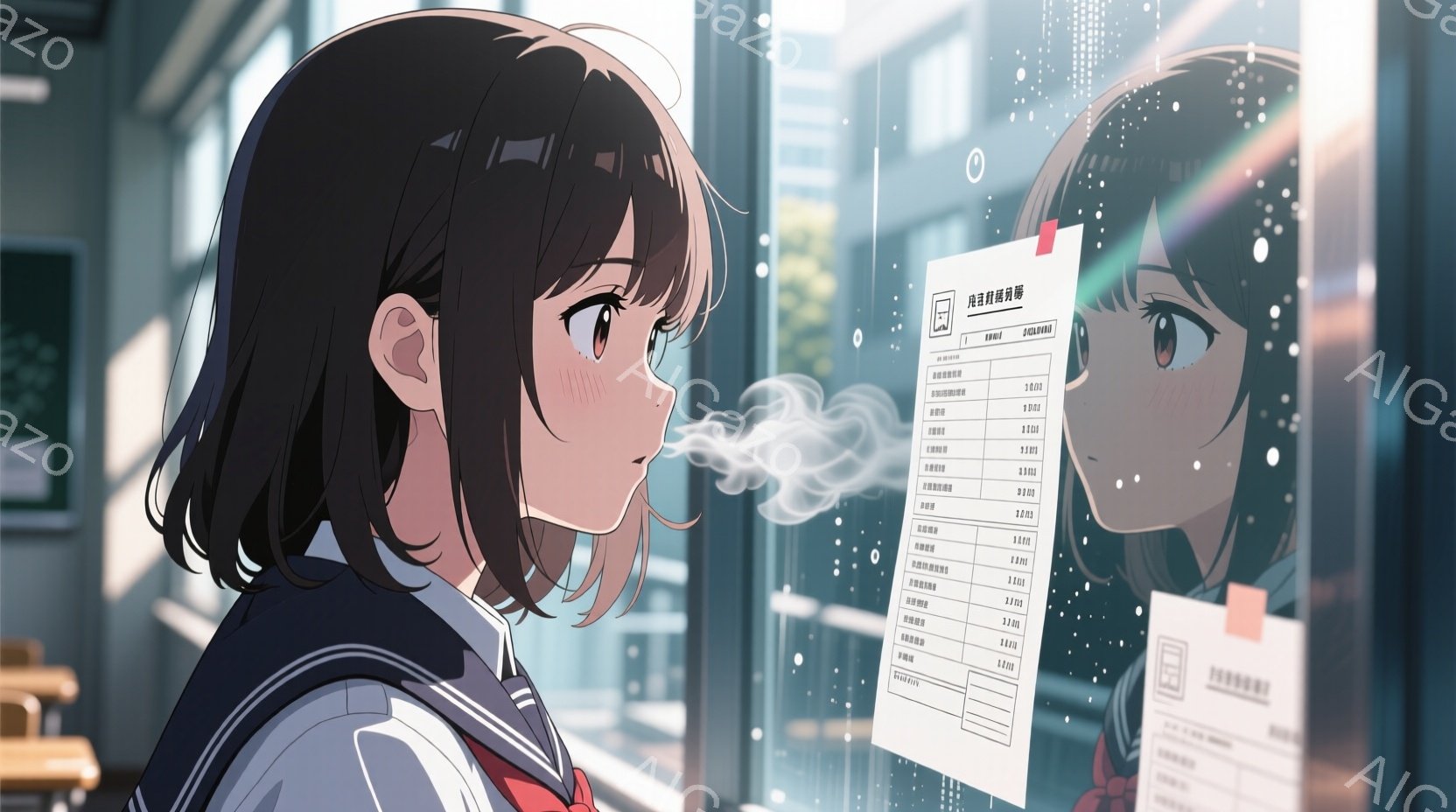 制服を着た少女が窓に息を吹きかけ、曇ったガラスを見下ろしている。彼女は肩までの長さの茶髪で、少し憂いを帯びた表情をしている。背景には、雨の日の都会の風景が広がり、高層ビル群と濡れた道路が見える。