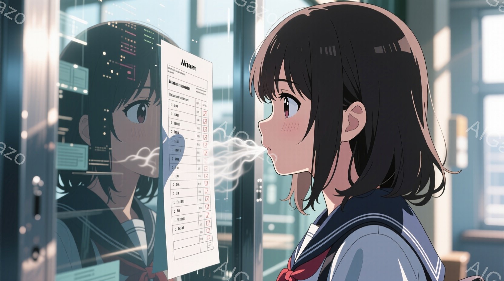 制服を着た若い女性が窓ガラスに映った自分自身を見つめている様子を描いています。彼女は紺色のブレザーと白いシャツ、赤いリボンを着用し、長い黒髪を肩まで垂らしています。窓の外は雨が降っており、背景にはぼやけた建物が見え、全体的に少し物憂げで幻想的な雰囲気が漂っています。