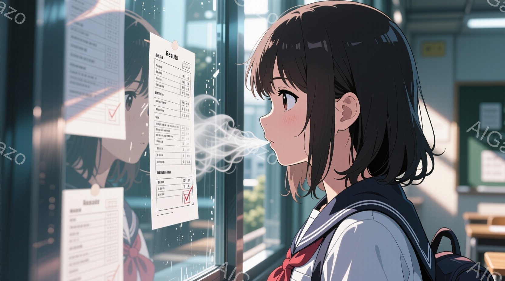 茶色のショートヘアの少女が、学校の廊下の窓の外に貼られた結果リストを見つめている。彼女は紺色のブレザーに白いシャツ、赤いリボンをつけており、肩にはリュックサックを背負っている。結果リストのそばには緑色のチェックマークがあり、彼女の顔には安堵と興奮が入り混じった表情が浮かんでいる。