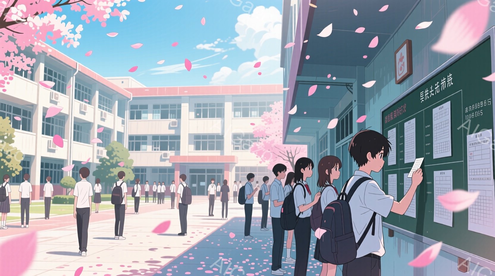 制服を着た学生たちが学校の廊下に集まり、掲示板を眺めています。桜の花びらが舞い散る中、彼らは何か重要な情報、おそらく進学やクラブ活動の募集などを確認しているようです。背景にはレンガ造りの校舎が広がり、春の穏やかな天気が、若々しい雰囲気をさらに引き立てています。