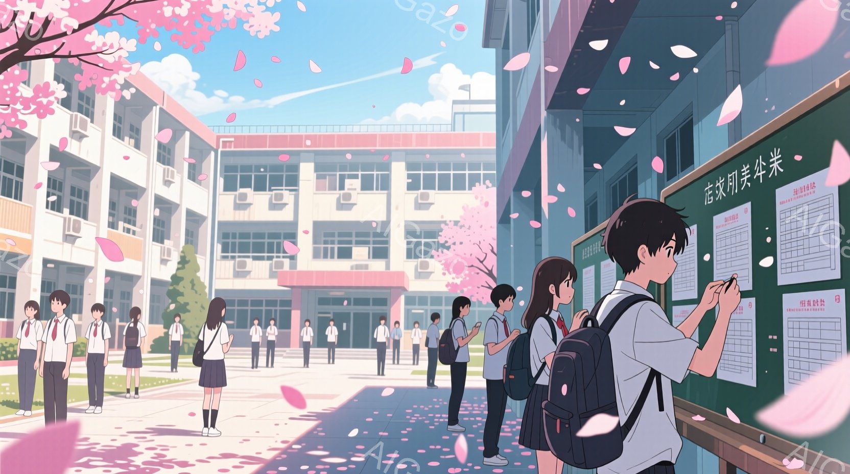 制服を着た高校生たちが学校の前に集まっている様子が描かれています。ピンク色の花びらが舞い散る晴天の下、生徒たちは掲示板をチェックしたり、談笑したり、それぞれの行動をとっています。背景にはレンガ造りの校舎がそびえ立ち、春の穏やかな雰囲気が漂っています。