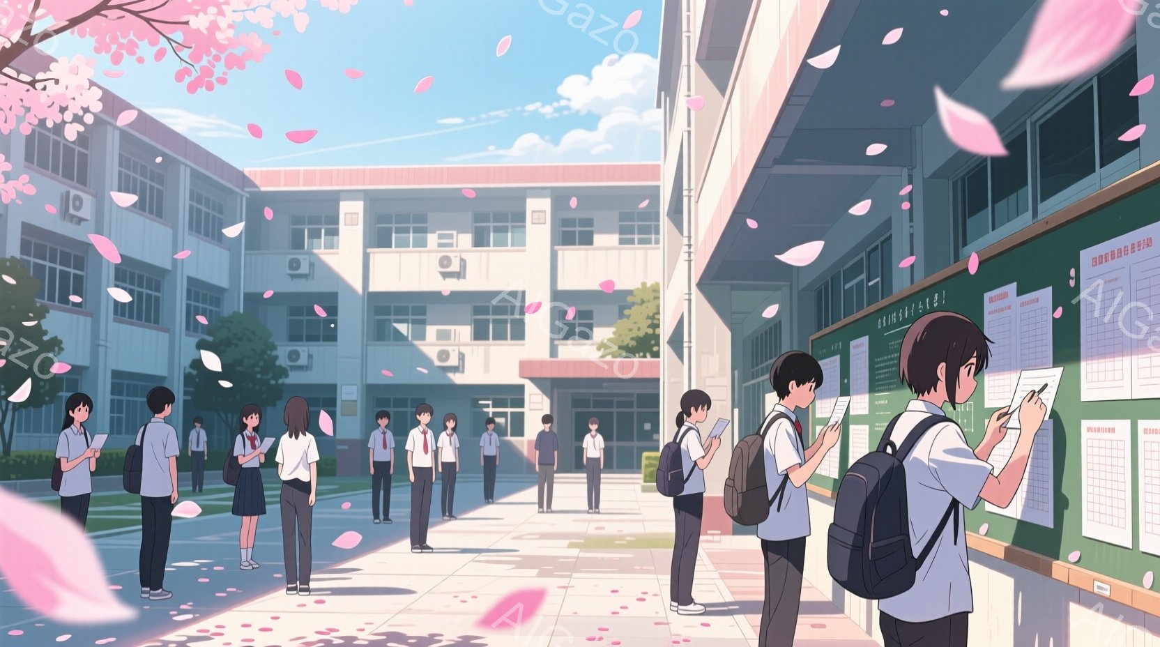 はい、承知いたしました。画像について詳しく説明します。 、桜の花びらが舞う高校の校庭で、生徒たちが掲示板を囲んでいる様子を描いています。生徒たちは皆、紺色のブレザーと白シャツ、チェックのスカートまたはズボンという制服を着ており、髪型も黒髪で比較的シンプルです。背景には、白い校舎と青空、そして緑の木々が見え、全体的に爽やかで青春を感じさせる雰囲気です。
