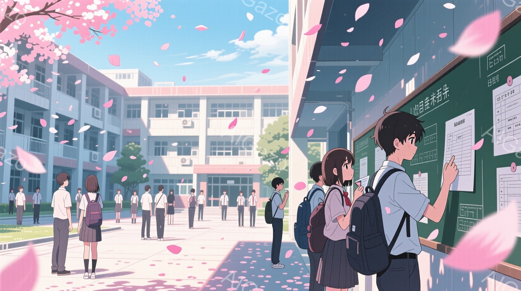 制服姿の高校生たちが校舎前の広場に立っている。桜の花びらが舞い散り、春の暖かい日差しが降り注ぐ中、彼らは掲示板を覗き込んだり、友人とおしゃべりしたりしている。校舎はレンガ造りで、桜の木が咲き誇り、穏やかで青春を感じさせる雰囲気が漂っている。