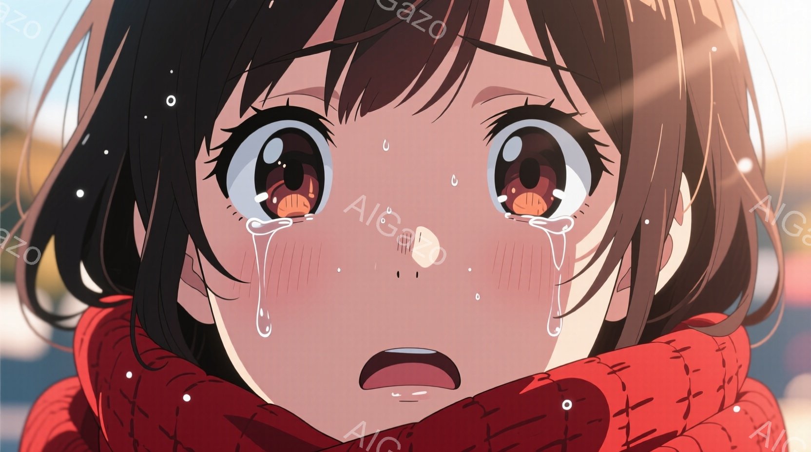 少女は赤いマフラーを首に巻き、涙を浮かべた表情でこちらを見ている。彼女の黒い髪は短く、少し乱れているように見える。背景にはぼやけた建物と、日の光が差し込む空が描かれ、悲しみと寂しさを感じさせる雰囲気である。
