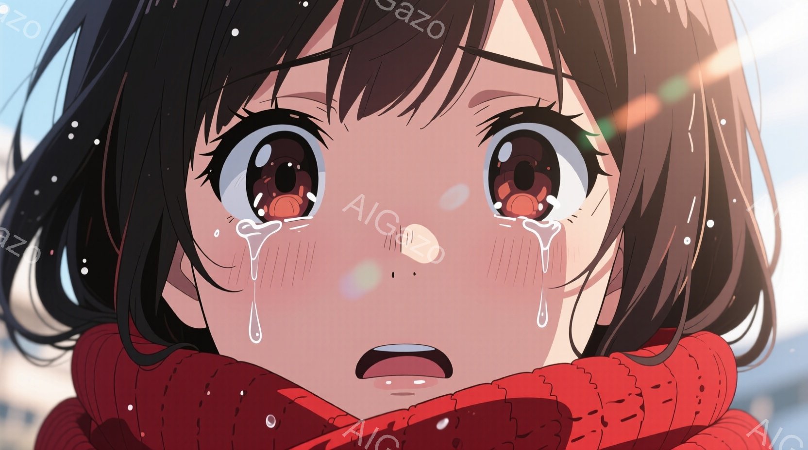 少女は、短い黒髪で、赤い編み込みのセーターを着ています。彼女の大きな目は涙で潤み、口は大きく開いて悲しみを表しています。背景はぼやけており、建物と空が見え、全体的に悲しく、感情的な雰囲気です。