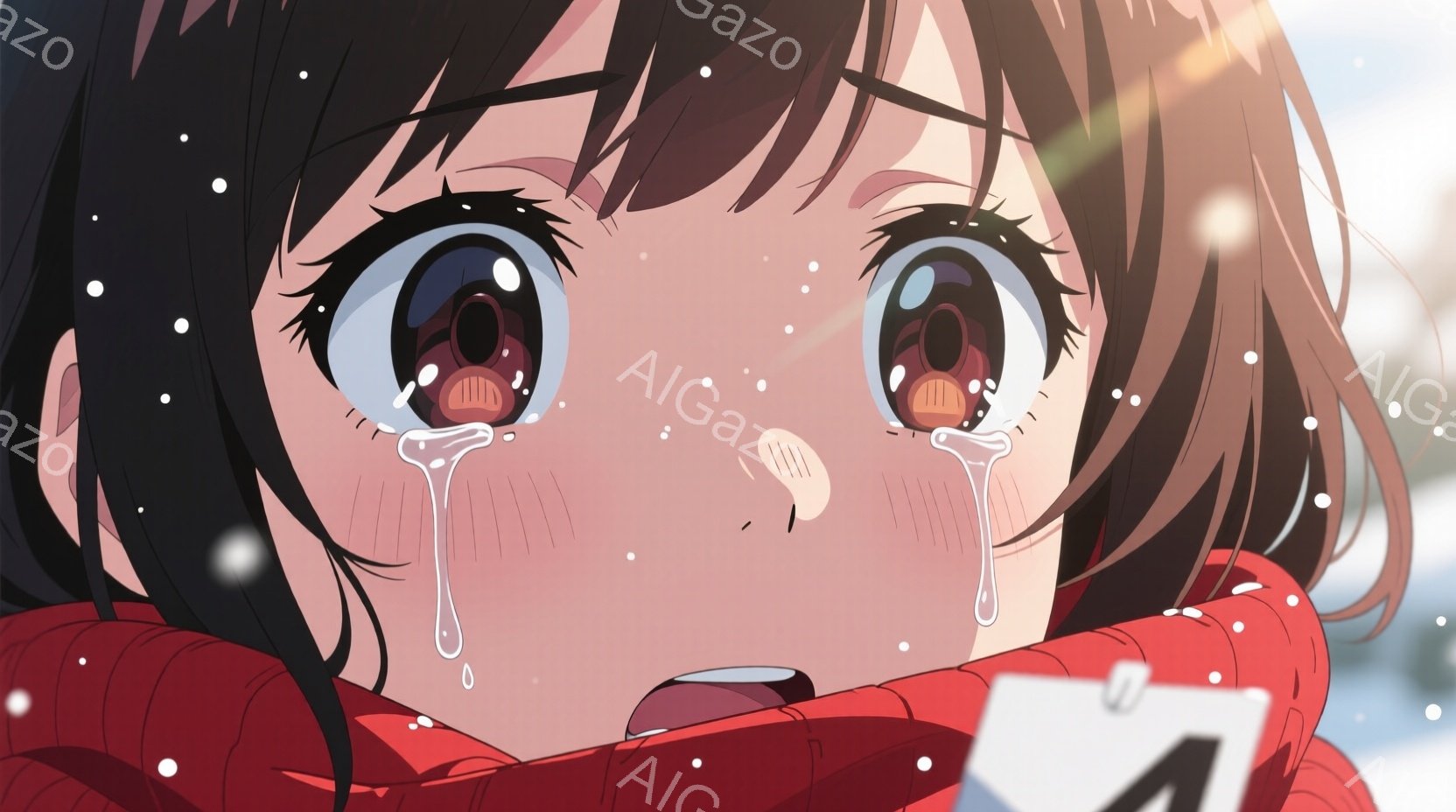 少女は赤いセーターを着ており、黒くカールした髪型をしています。彼女の大きな目は涙でいっぱいで、悲しみと苦痛を表しています。背景は雪が降る屋外で、全体的に切なく、感情的な雰囲気が漂っています。