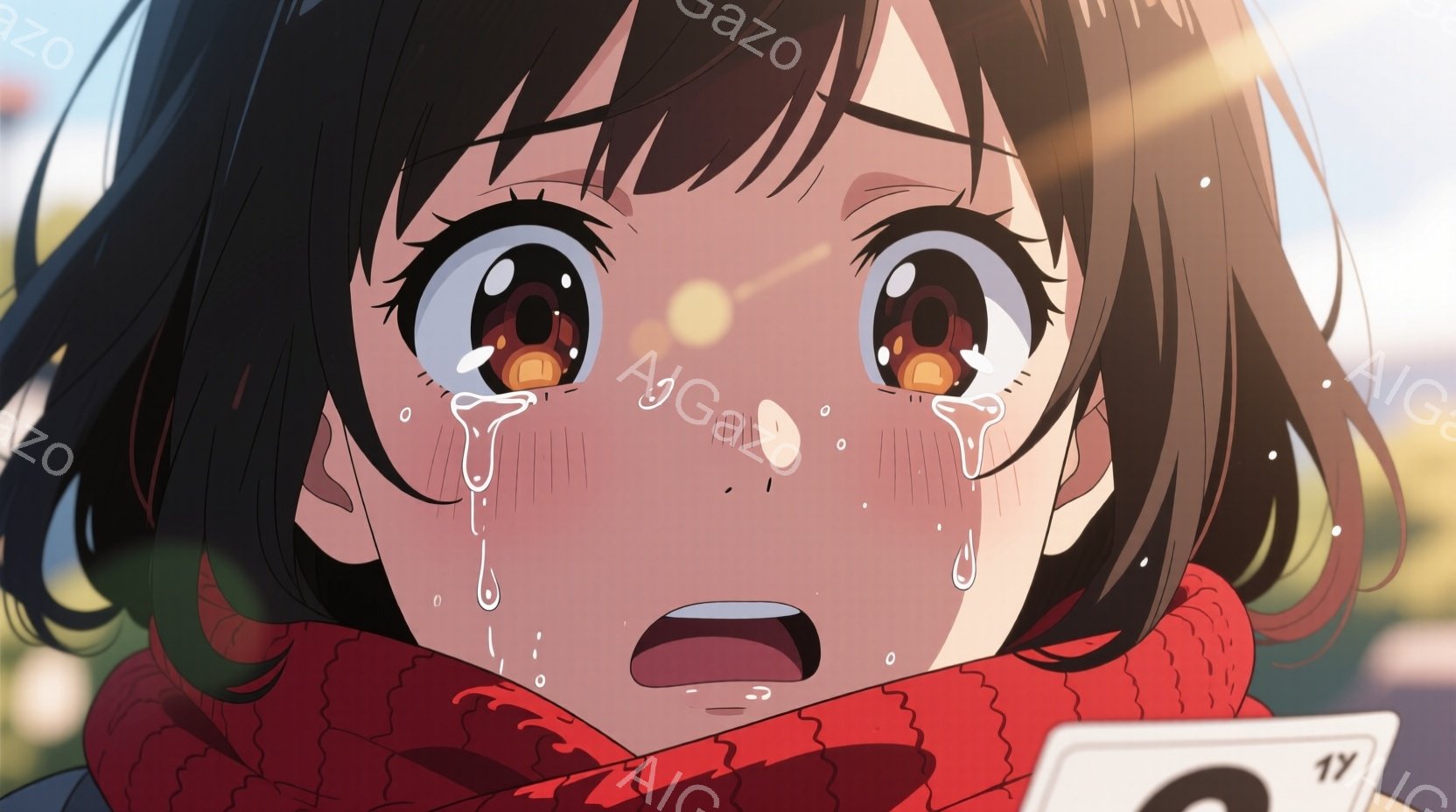 暗い髪の少女が大きく目を開いて涙を流している。赤いニットのセーターとマフラーを着用し、悲しみに満ちた表情で口を開けている。背景にはぼやけた建物と空が広がり、夕暮れのような暖かい光が差し込んでいる。