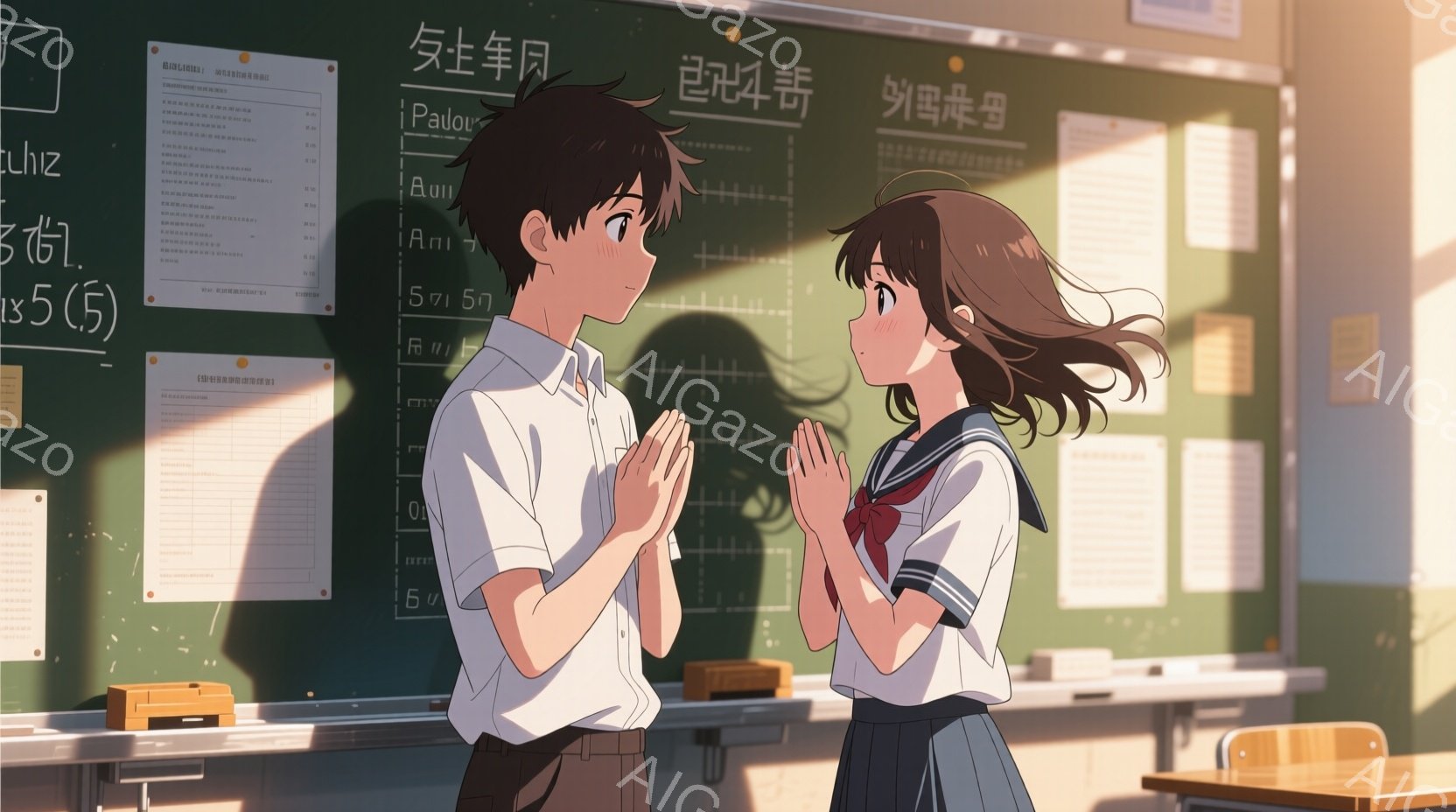 教室の中で、制服を着た男女が向かい合って立っています。男の子は黒髪で、真剣な表情で女の子を見つめています。女の子は長い茶髪で、少し照れながらも男の子を見返しており、教室の窓から差し込む光が二人の上に暖かく降り注いでいます。