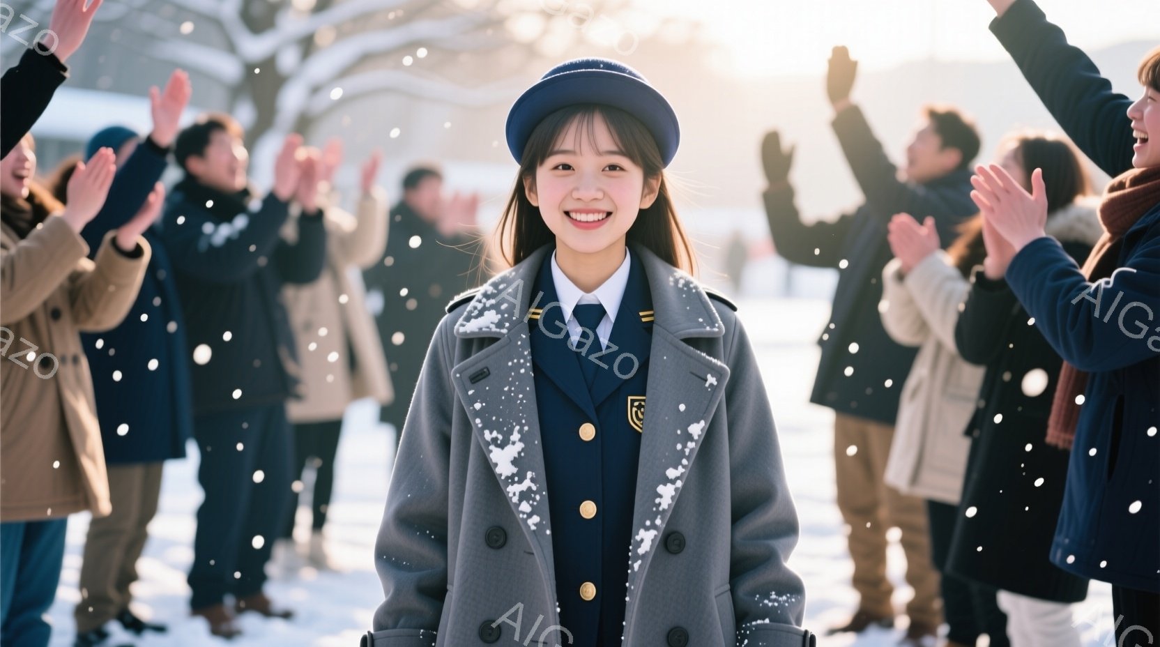 画像の中心には、制服を着た若い女性が立っており、グレーのコート、ネイビーのブレザー、そしてネイビーの帽子を着用しています。彼女は微笑んでおり、明るい表情でカメラを見つめています。背景には雪が降り積もり、周囲の人々が彼女を祝福するように手を挙げており、冬の暖かいお祝いの雰囲気が漂っています。