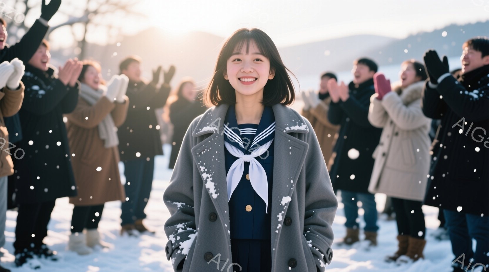 雪が降る中、制服を着た若い女性が正面を向いて微笑んでいます。彼女は灰色のコートを着ており、短い前髪とサイドに流した髪が特徴的です。背景には、歓声を上げている人々がぼやけており、遠くには山々と木々が見え、冬の穏やかな雰囲気が漂っています。