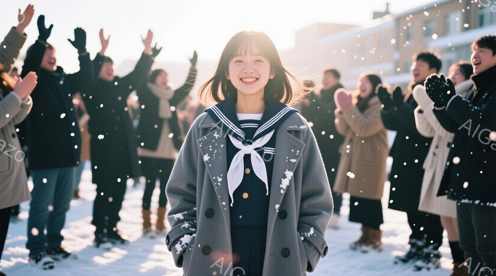 雪が舞う中で、紺色の制服にグレーのコートを羽織った女性が正面を見つめて微笑んでいます。彼女は肩を少し開き、リラックスした姿勢で、短い茶色の髪は風になびいています。背景には、ぼやけた人々の輪と、冬の空を背景にした建物が見え、全体的に暖かく、明るい雰囲気を醸し出しています。