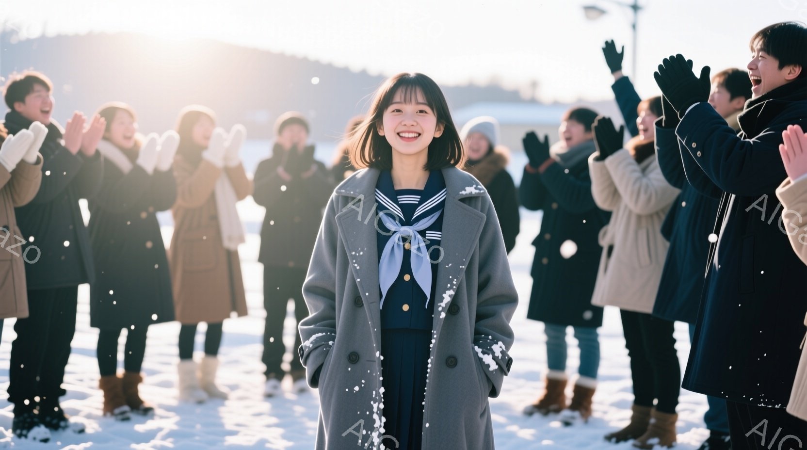 雪が舞う中で、灰色のコートに紺色のリボンを結んだ女性が正面を向いて微笑んでいます。彼女の周りには、紺色や黒のコートを着た人々がおり、両手を挙げて祝福しているように見えます。背景には雪景色が広がり、遠くには建物が見え、全体的に温かく明るい雰囲気が漂っています。