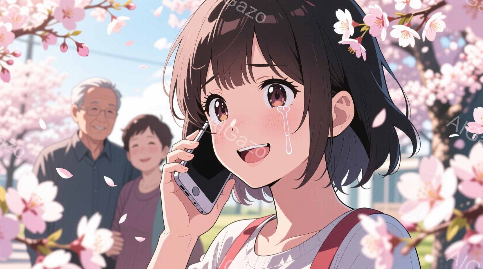 桜の花びらが舞う春の日に、スマートフォンで電話をしている若い女性を描いています。彼女は短い黒髪で、明るい表情で涙を浮かべ、ピンク色のシャツと赤いストラップの服を着ています。背景には、笑顔の老紳士と少年 - AI生成フリー素材