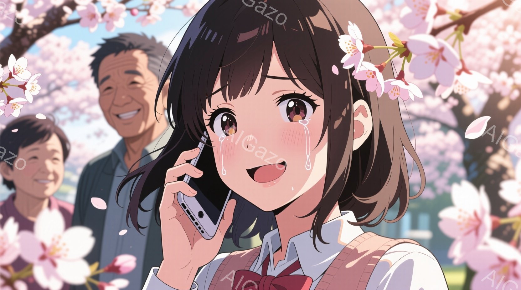 桜の花びらが舞う春の日に、スマートフォンで電話をしている若い女性を描いています。彼女は制服を着ており、短い茶色の髪で、喜びと感動で涙を流した表情をしています。背景には桜の木々と、ぼやけた笑顔の男性がおり、全体的に暖かく、感動的な雰囲気が漂っています。