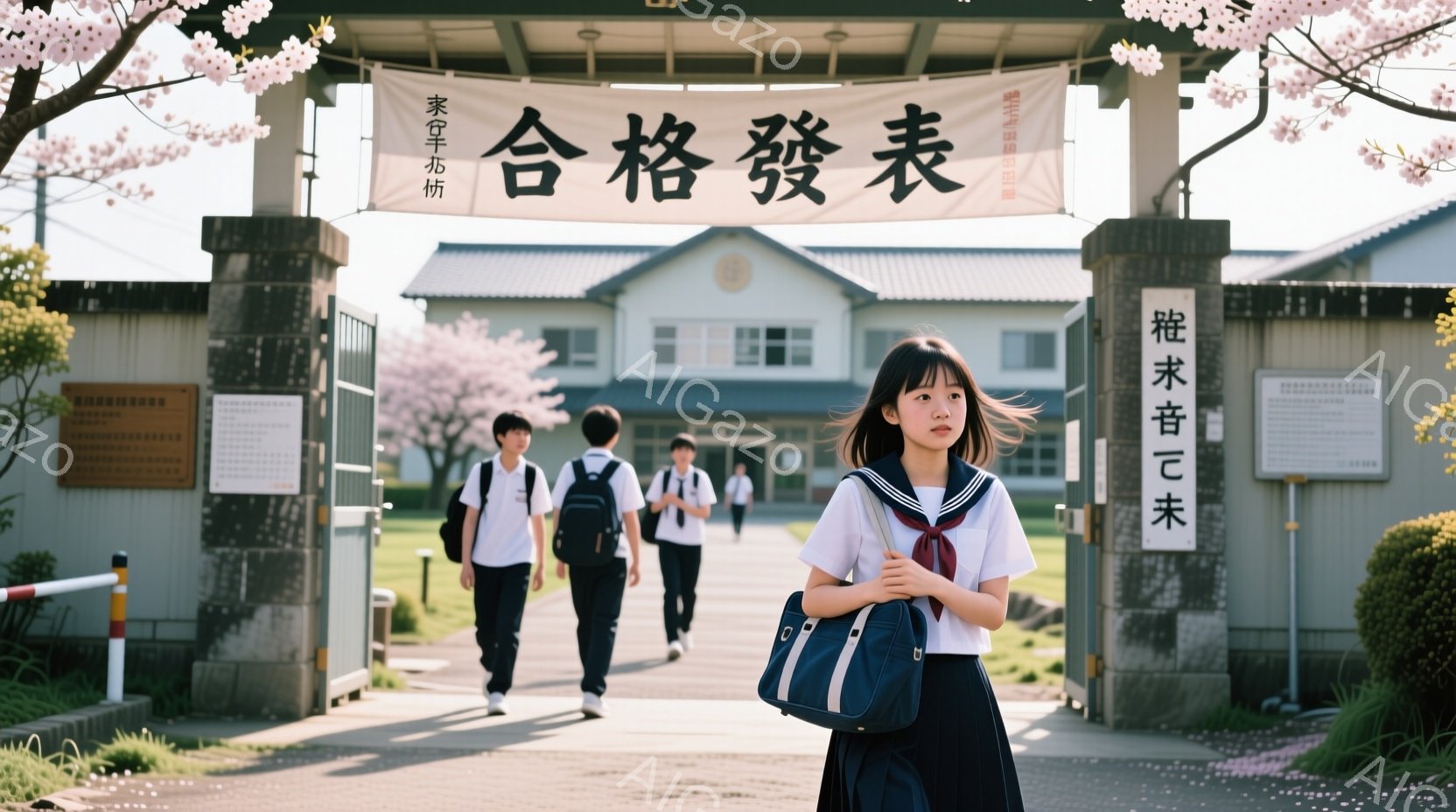 制服を着た女子学生が、学校の門の前で少し緊張した表情で立っている。彼女は黒髪のロングヘアで、肩にかけたバッグと合わせて、真新しい制服を着ている。背景には、他の制服を着た男子生徒たちが歩いており、桜の花びらが舞う春の晴れた日であることがわかる。