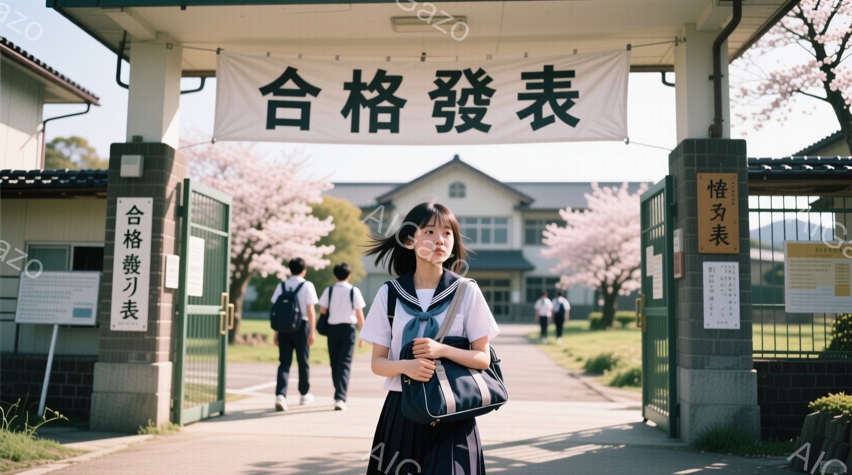 制服を着た女子高生が、校門の前で少し物憂げな表情で立っている。彼女は紺色のブレザーにチェックのスカート、白いシャツにリボンを締め、肩にバッグをかけている。背景には、桜が咲き誇る校舎と、制服を着た他の生徒たちがおり、春の穏やかな雰囲気が漂っている。