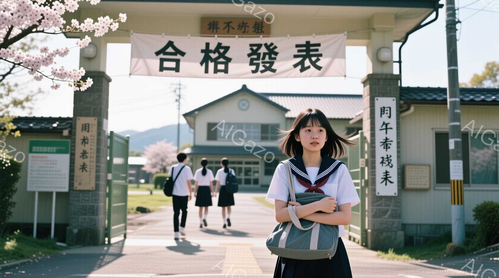 制服を着た女子高生が写っており、彼女は少し不安げな表情で正面を見つめています。彼女は紺色のブレザーに白いシャツ、チェックのスカートを着用し、肩にグレーのバッグをかけています。背景には、桜並木と校門があり、遠くには校舎が見え、春の穏やかな晴天の中で、入学式や卒業式のような、少し切ない雰囲気が漂っています。