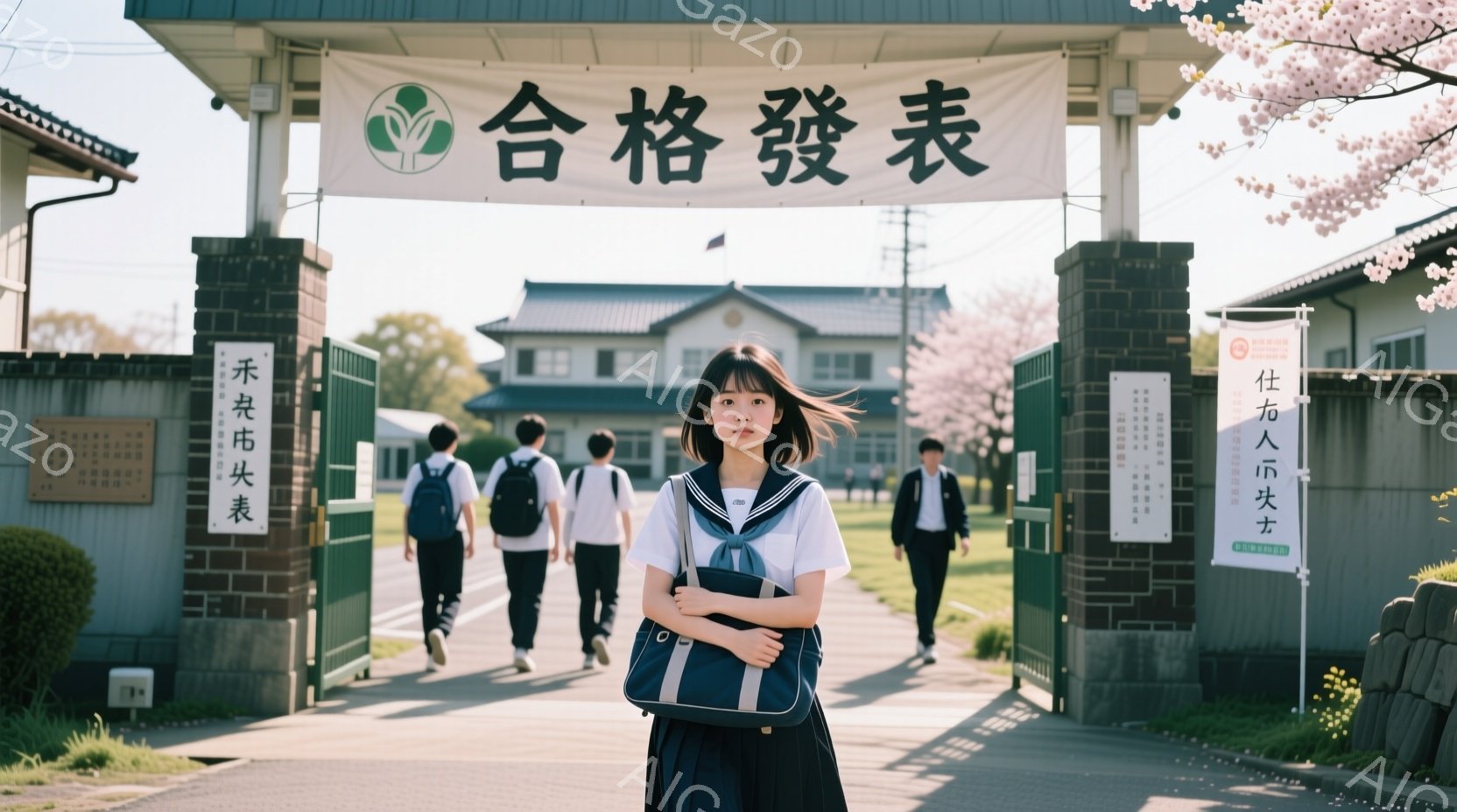 制服を着た女子学生が、学校の正門の前でこちらを見て立っている。彼女は紺色のブレザーに白いシャツ、チェックのスカートを着用し、肩に鞄をかけている。背景には煉瓦造りの校舎と桜並木が見え、春の穏やかな陽気を感じさせる。