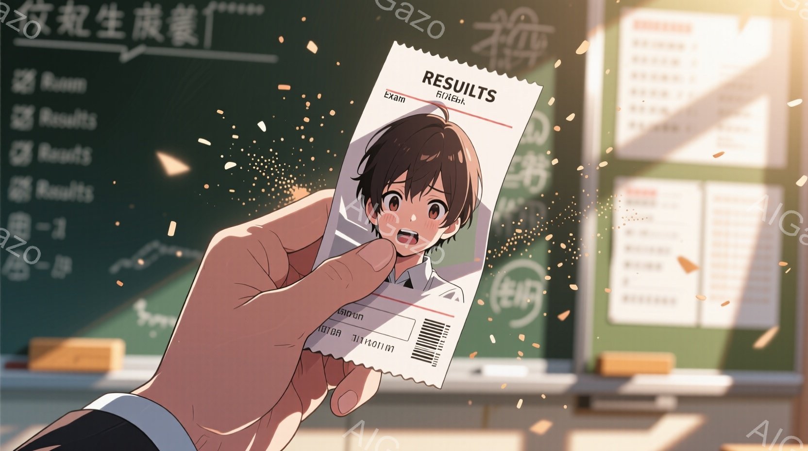 制服を着た若い男性が試験結果の紙を持っている場面を描いています。彼は黒髪で、少し驚いたような表情をしており、結果を見ているようです。背景には、教室や学校の建物が見え、紙吹雪のようなものが舞っており、試験結果発表の興奮した雰囲気を表しています。