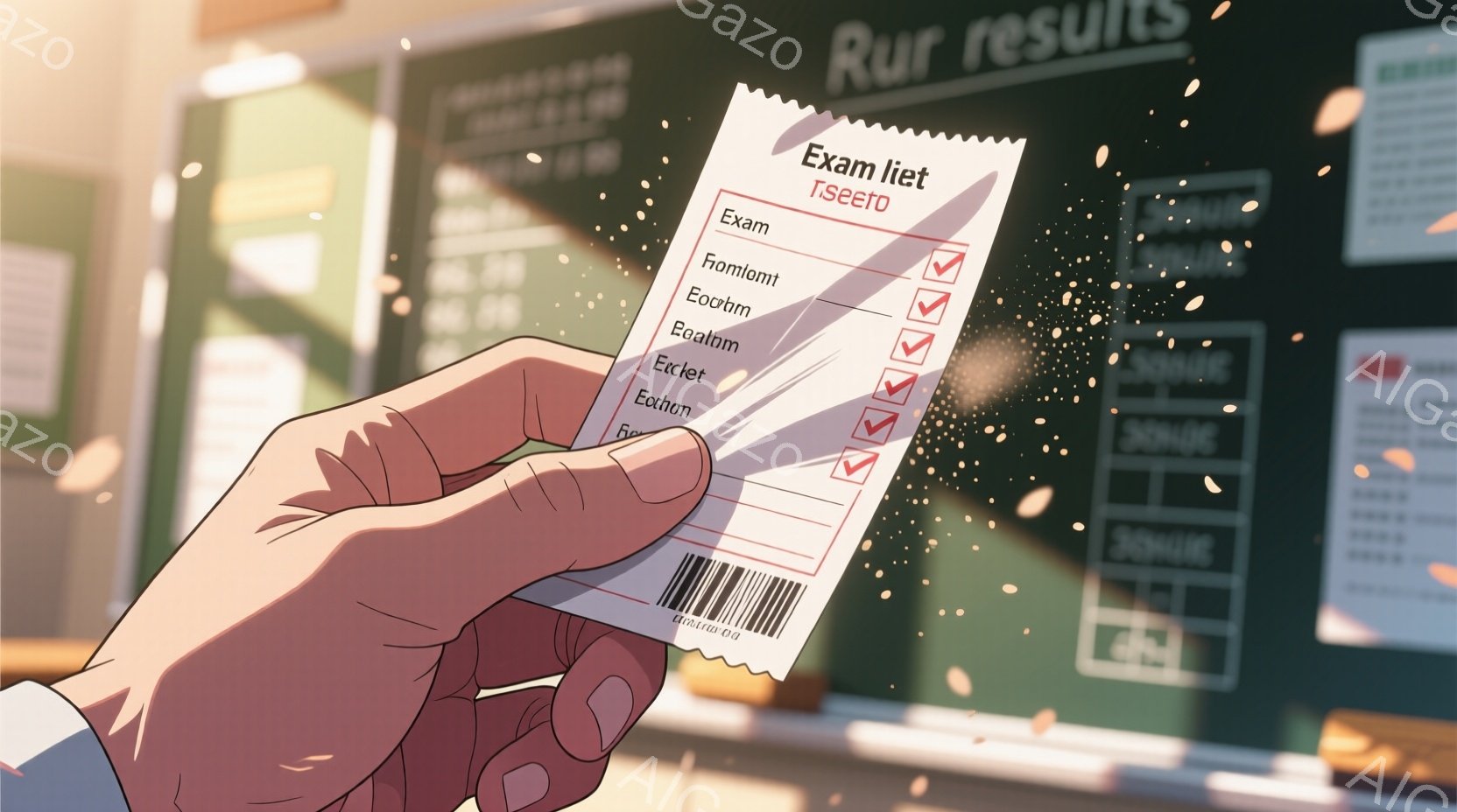試験結果の紙が、誰かの手の前で宙を舞っている様子が描かれている。紙には「Exam」という単語とチェックマークの列が並び、下部にはバーコードが印字されている。背景は、ぼやけた建物と光の点々が散りばめられており、夕暮れのような暖かく穏やかな雰囲気を醸し出している。