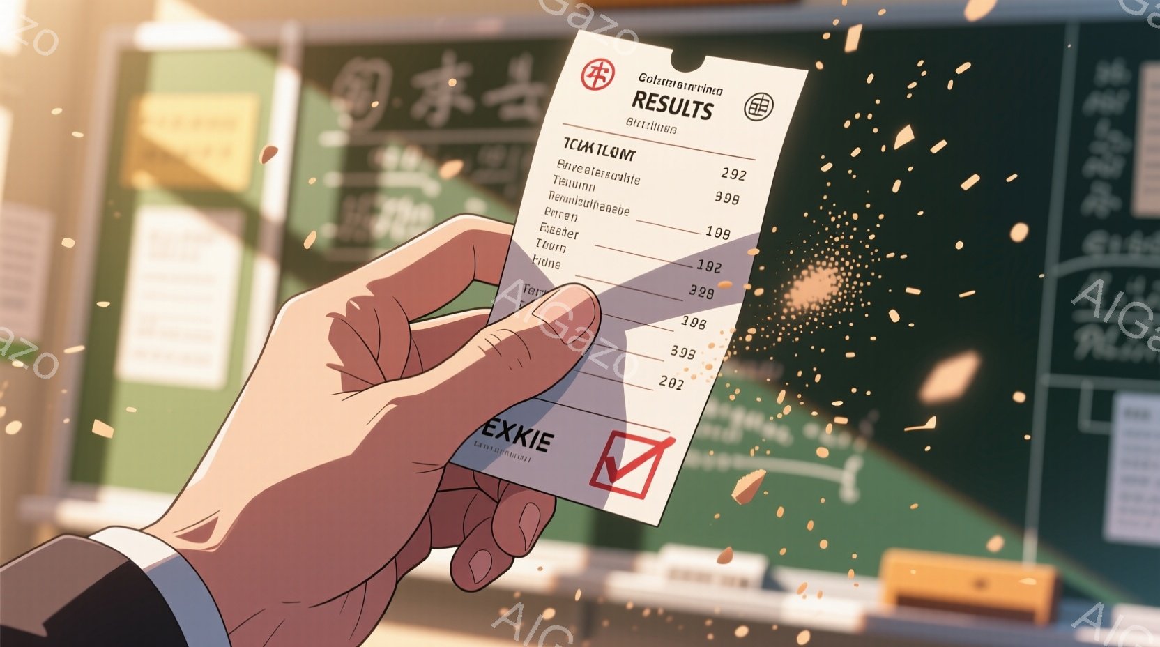 制服を着た人物が試験結果の紙を受け取っている様子を描いています。背景には、緑豊かな木々や建物が見え、春の暖かい日差しが感じられます。人物は結果を真剣に見つめ、少し緊張した表情をしています。