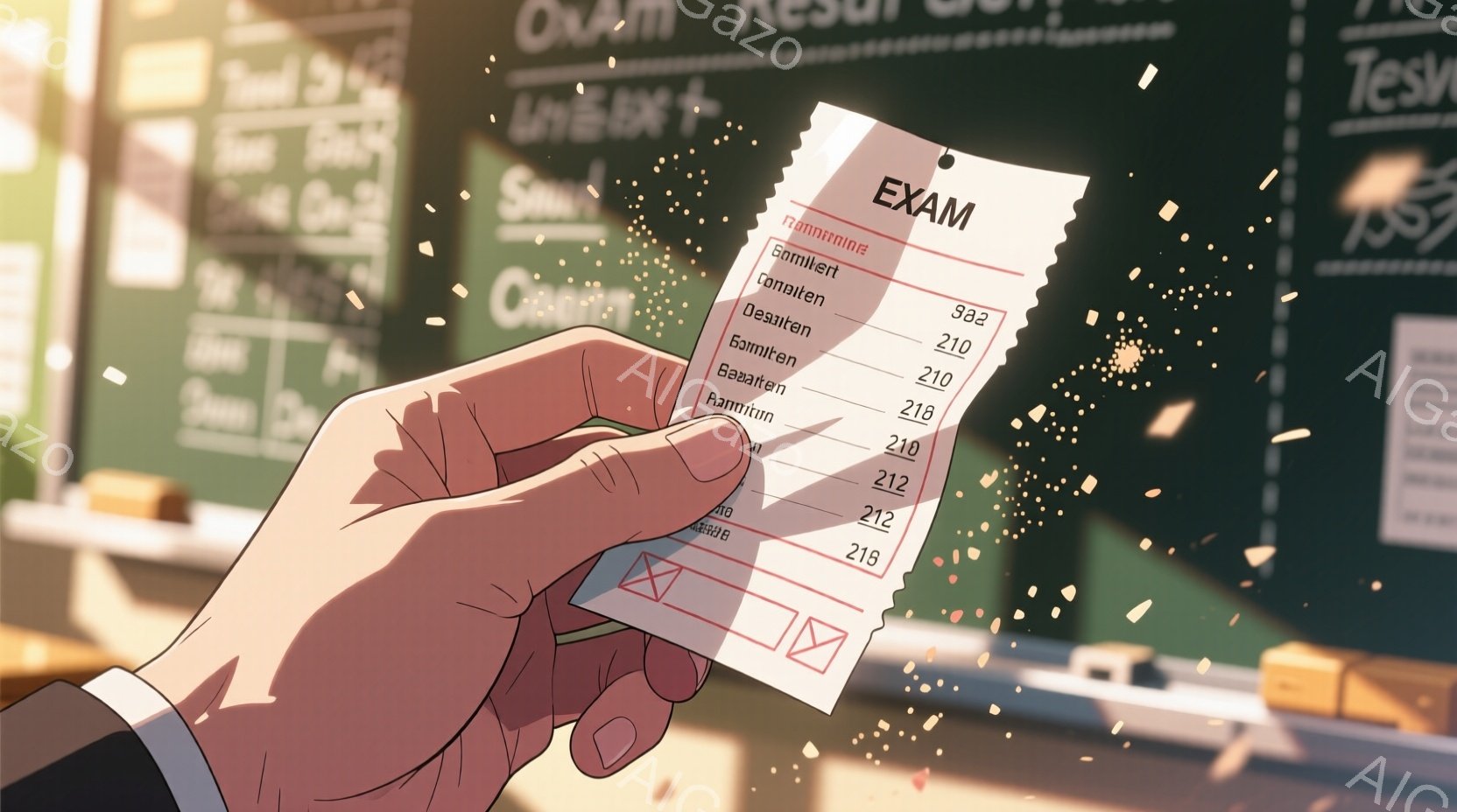 試験の結果が書かれた紙を握る男性の手を捉えています。男性は暗い色のスーツを着ており、手は少し影になっていて、結果の紙が強調されています。背景には、看板や建物が見え、夕暮れ時の暖かく、ややノスタルジックな雰囲気を醸し出しています。