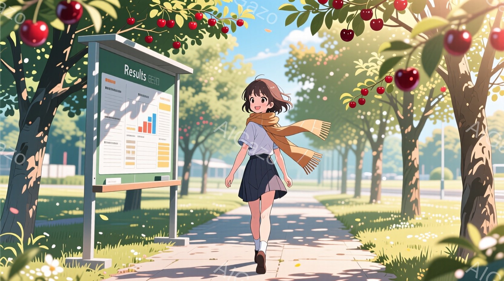 明るい日差しの中で、若い女性が歩道を歩いている。彼女はセーター、プリーツスカート、スニーカーを着用し、肩にオレンジ色のスカーフをかけている。背景には緑豊かな木々、花壇、そして遠くに見える建物があり、春または夏の暖かい一日を思わせる、穏やかで希望に満ちた雰囲気である。