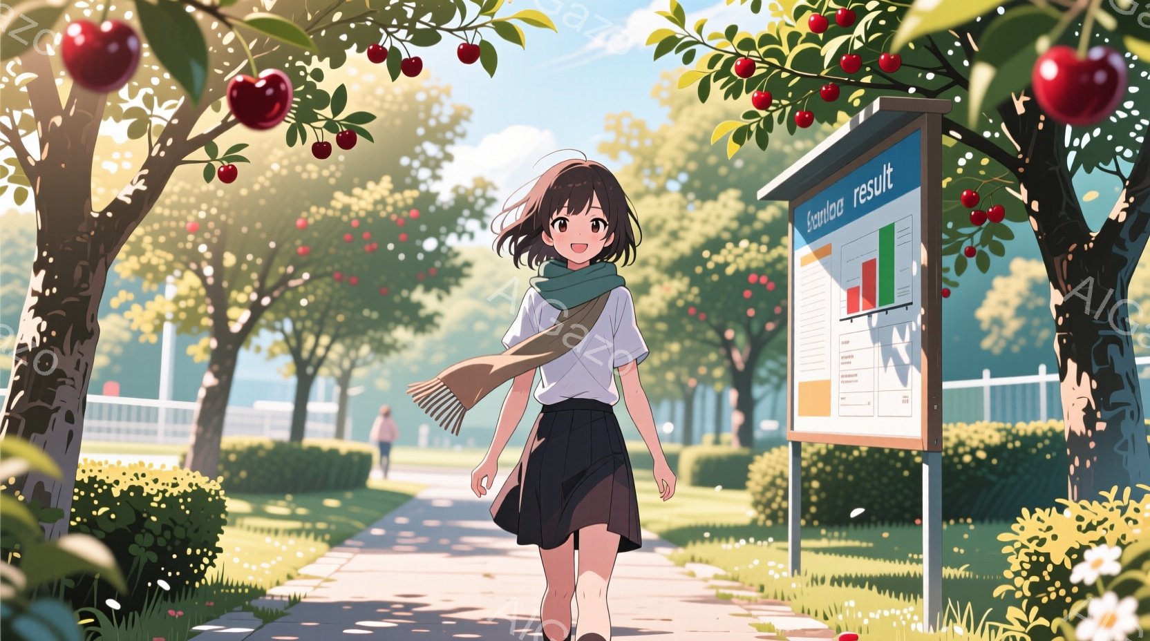 明るい日差しの下、茶色の巻き髪に薄いオレンジ色のスカーフを巻いた少女が、白いシャツと黒のプリーツスカート姿で遊歩道を歩いている。彼女は前を向いて微笑んでおり、活気に満ちた表情をしている。背景には緑豊か - AI生成フリー素材