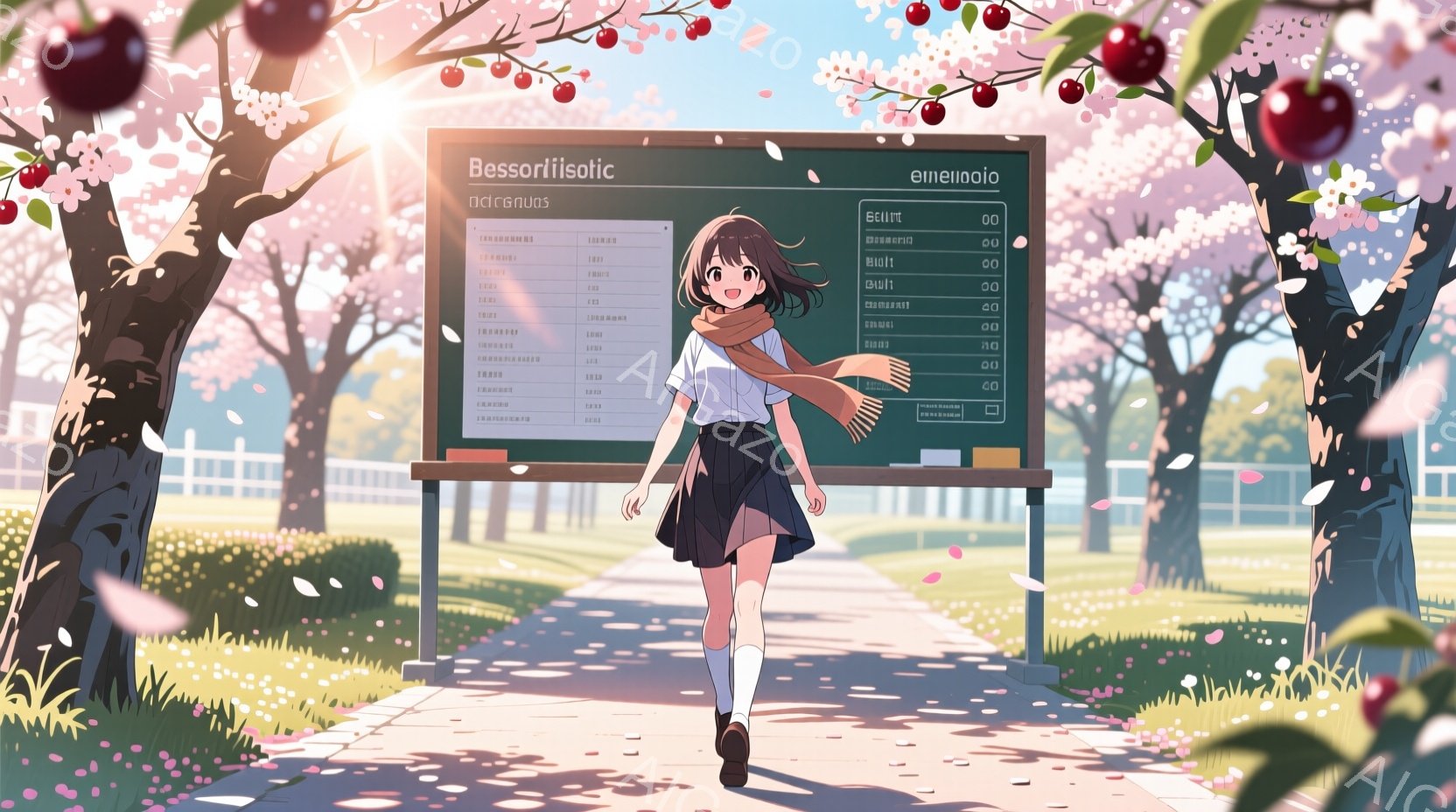 制服を着た少女が、桜並木の中を歩いている。彼女は長い茶色の髪を後ろで結び、笑顔で前を見つめている。背景には、校舎と満開の桜並木があり、春の穏やかな暖かさを感じさせる。