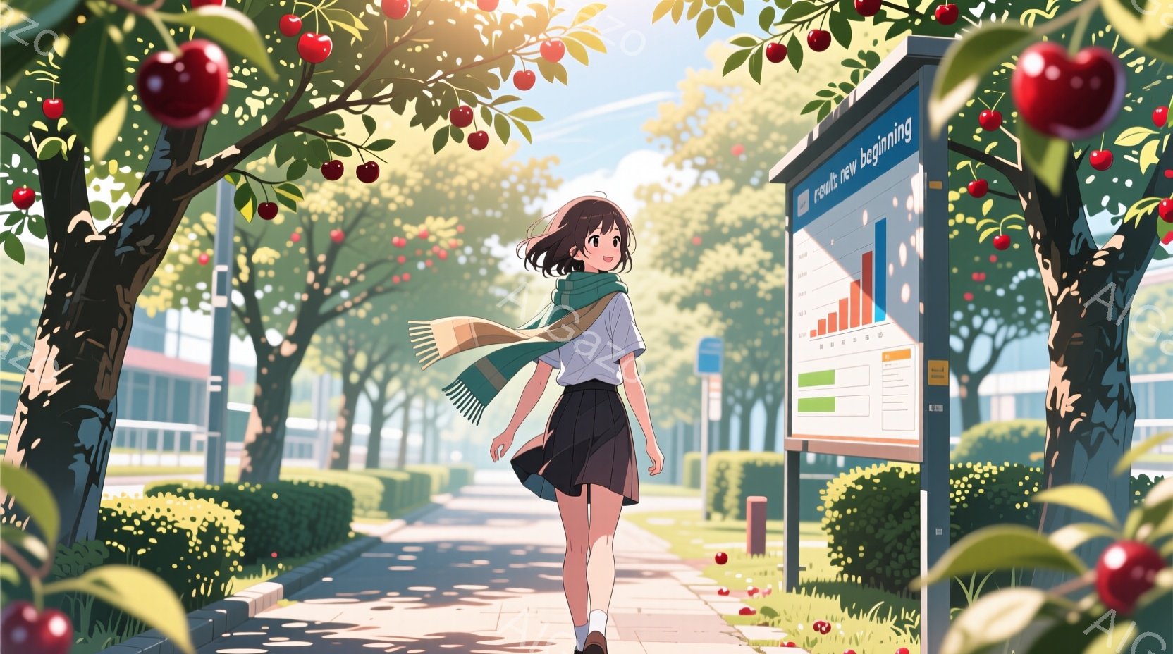 ショートカットの少女が、緑豊かな並木道を歩いている。彼女は白いシャツに短いスカート、そして緑色のスカーフを首に巻いており、スカートが風に揺れている。背景には、学校のような建物と青空が広がり、赤い実をつけた木々が彼女を取り囲み、爽やかで希望に満ちた雰囲気を醸し出している。