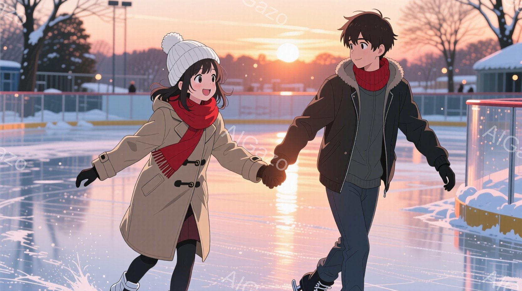 屋外スケートリンクで、若い男女が手をつないでスケートを楽しんでいます。女性は赤いニット帽とキャメル色のコート、黒いレギンス、黒い手袋を着ており、笑顔で少し前かがみの姿勢です。男性は黒いジャケットと黒いズボン、手袋を着用し、女性の手をしっかりと握りながら、同じように笑顔で少し前かがみになっています。
