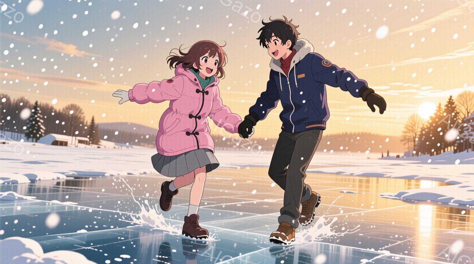 雪の降る凍った湖の上で手をつないでスケートをする若い男女が描かれています。女の子はピンク色のコートとグレーのスカートを着ており、茶色の長い髪は風になびいています。男の子は濃い青色のジャケットとズボンを着用し、顔には明るい笑顔が浮かんでいます。