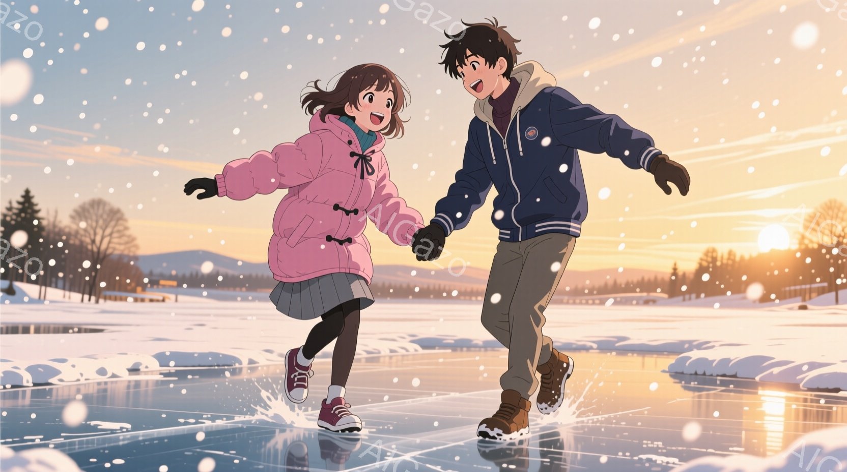 雪の降る屋外スケートリンクで、若い男女が手をつないでスケートを楽しんでいる様子が描かれている。女性はピンク色のジャケットとグレーのスカート、赤いスニーカーを履き、明るい笑顔を見せている。男性はネイビー - AI生成フリー素材