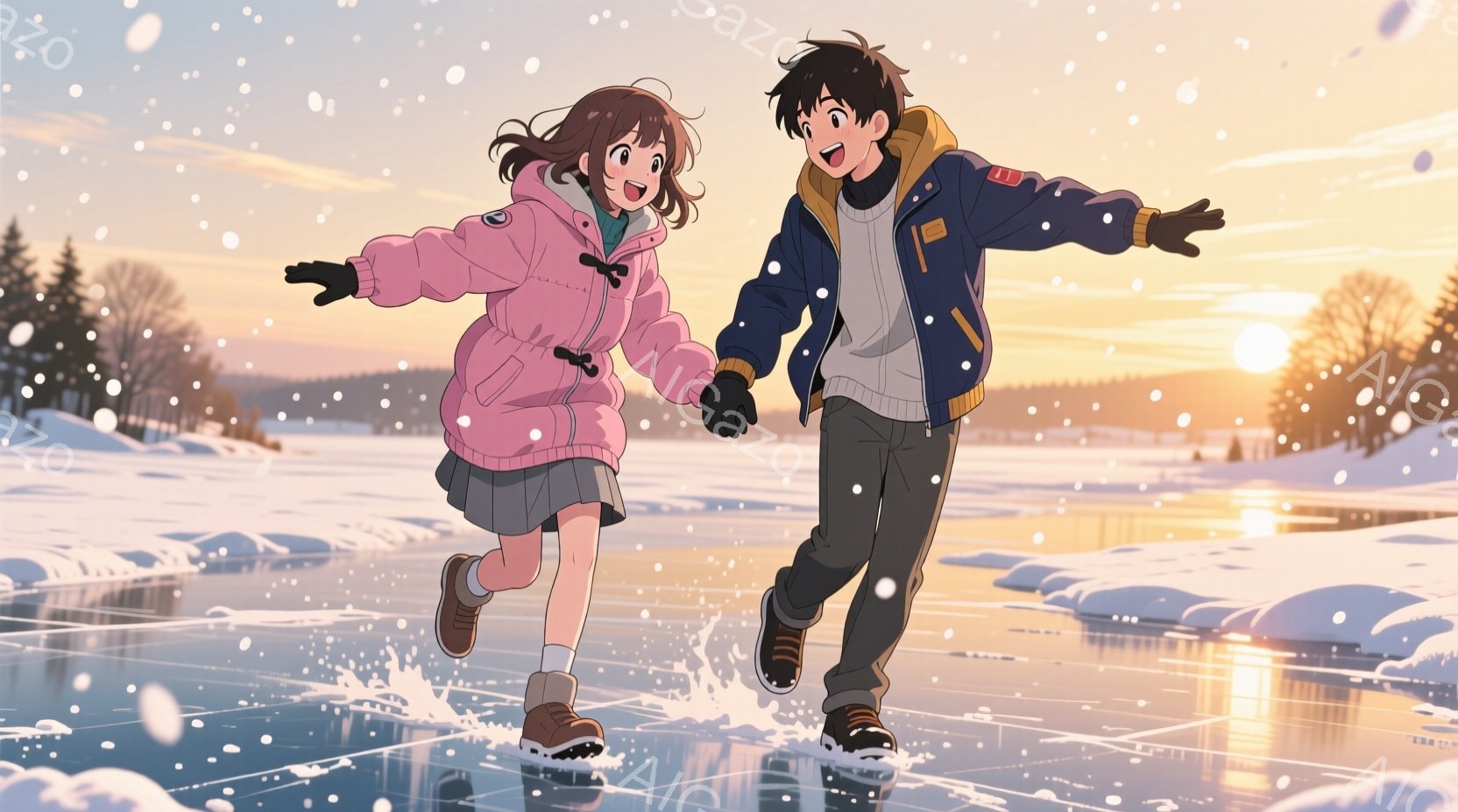 少女と少年が凍った湖の上でスケートを楽しんでいる様子が描かれている。少女はピンク色のジャケットに灰色のスカート、少年は紺色のジャケットにジーンズという冬の服装で、二人とも笑顔で手をつないでいる。背景には雪景色が広がり、夕焼け空が湖面に反射して、温かくロマンチックな雰囲気を醸し出している。