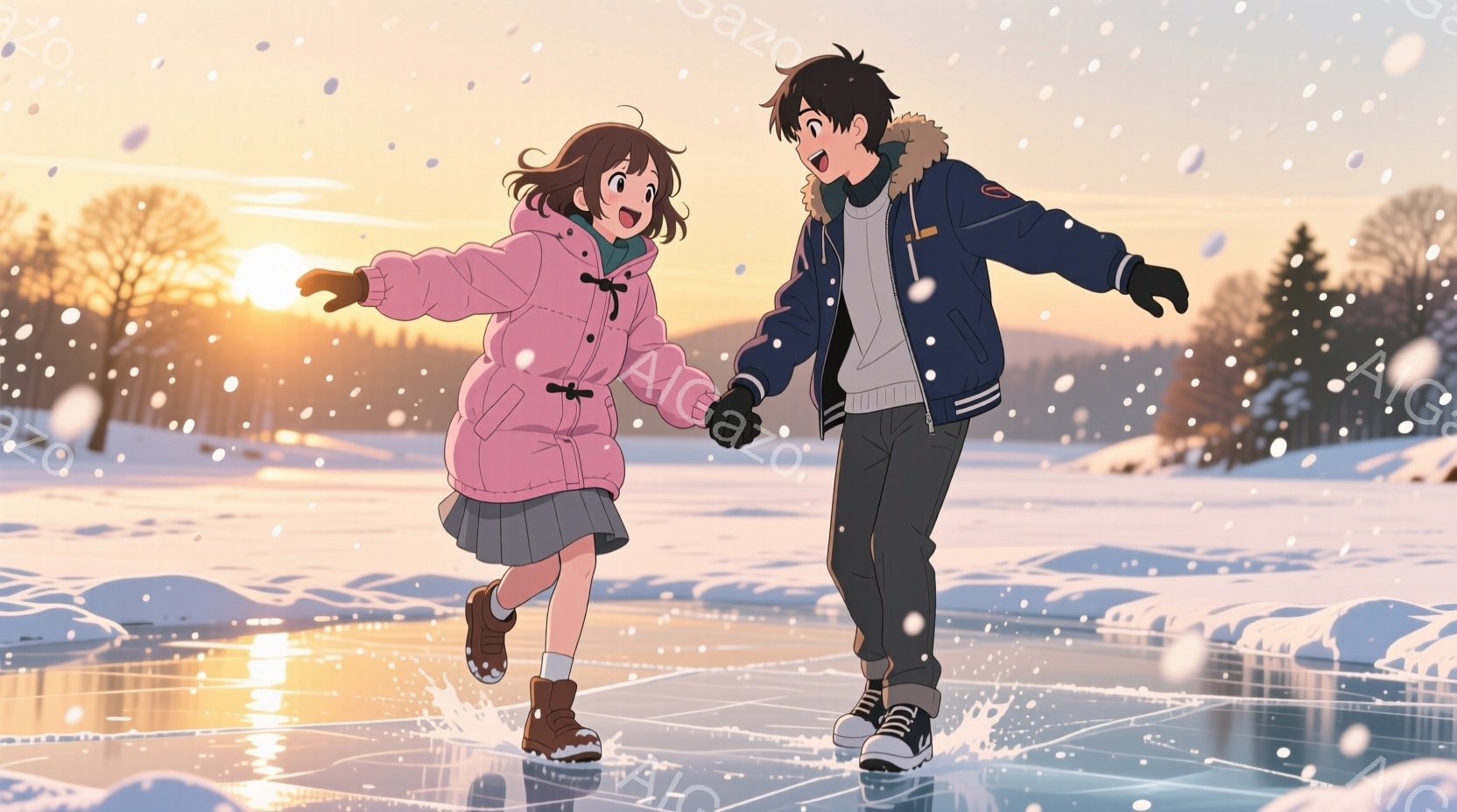 雪景色の中でスケートをする若い男女が描かれています。女性はピンクのコートとグレーのスカート、茶色の髪で、笑顔で楽しそうにスケートをしています。男性は紺色のジャケットとジーンズで、少し照れくさそうに女性 - AI生成フリー素材