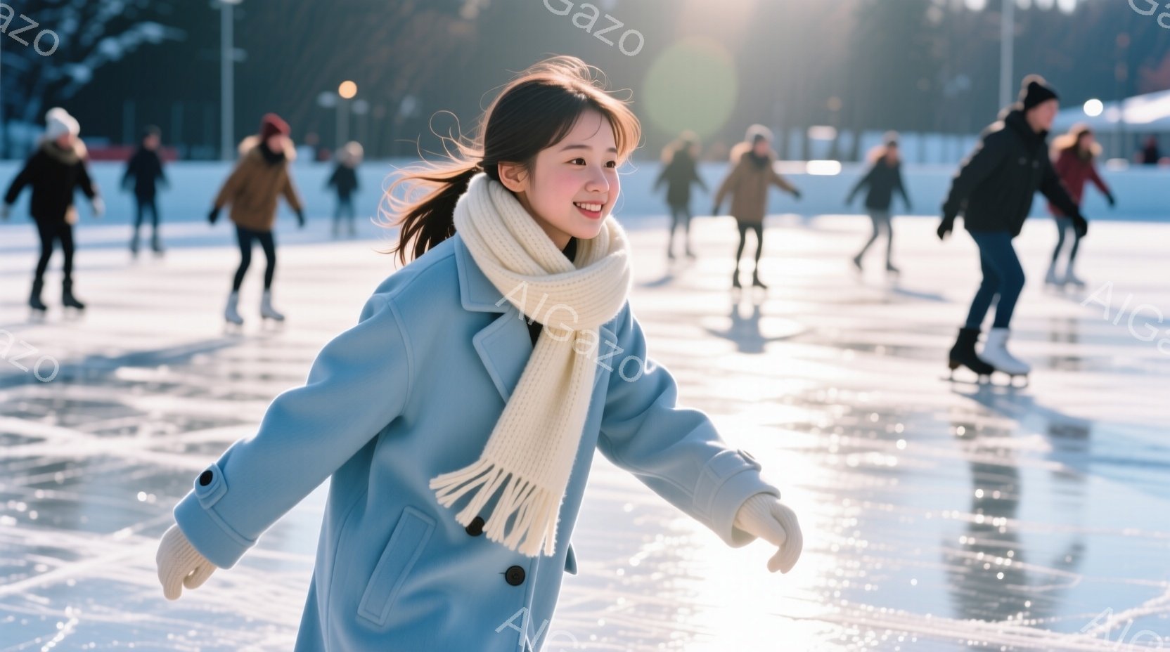 鮮やかな青いコートを着た女性が、スケートリンクで楽しそうに滑っている。彼女は白いマフラーを巻き、笑顔でカメラを見つめており、背景には他のスケーターや木々が見える。晴れた日の屋外リンクで、冬の暖かな雰囲 - AI生成フリー素材
