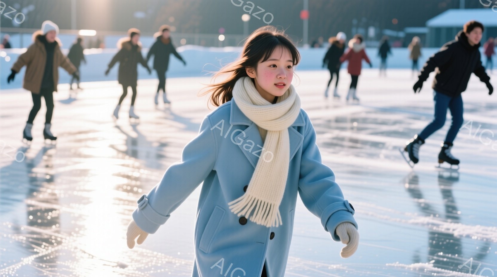 浅い青色のコートと白いマフラーを身に着けた若い女性が、スケートリンクで滑っている様子が写っています。彼女は少し微笑み、リラックスした表情で、リンクを横切るように滑っています。背景には、他のスケーターや木々、そして晴れた冬空が広がっており、明るく活気のある雰囲気です。