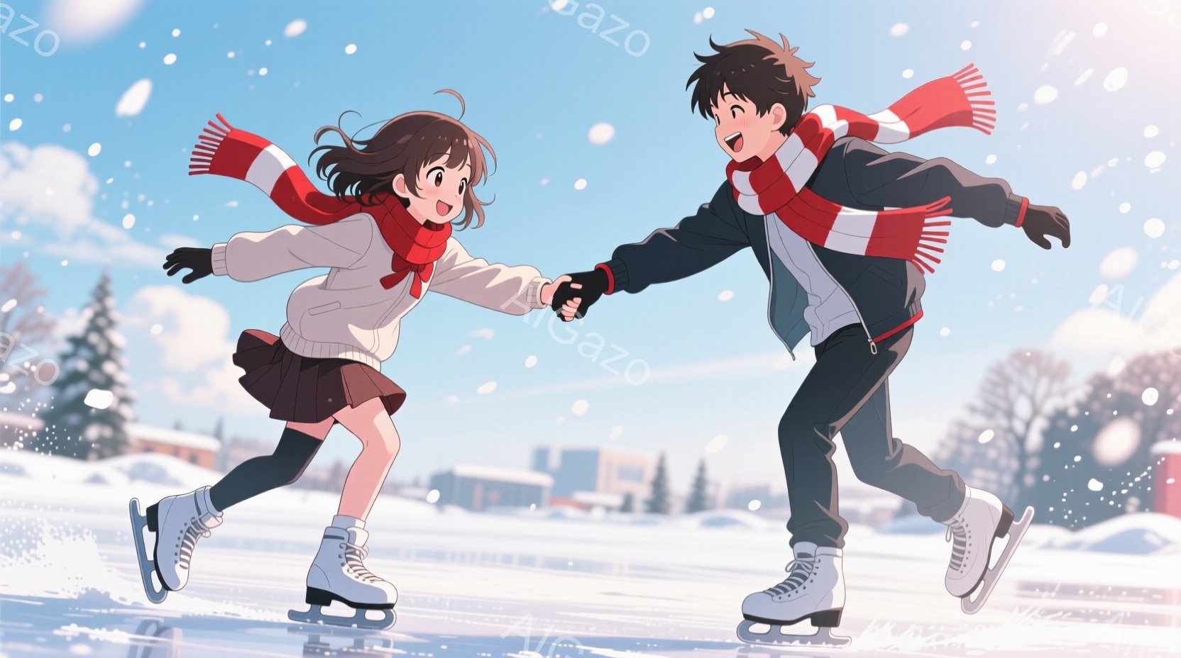 雪上を男女がスケートをしている様子が描かれています。女性は茶色のショートヘアで、白いセーターとスカート、赤いマフラーを着用し、男性は黒髪で黒いジャケットと赤いマフラーを身につけています。背景には雪景色と建物が見え、晴天の下、二人は楽しそうに手をつないでスケートを楽しんでいる様子から、暖かく幸せな雰囲気が伝わってきます。