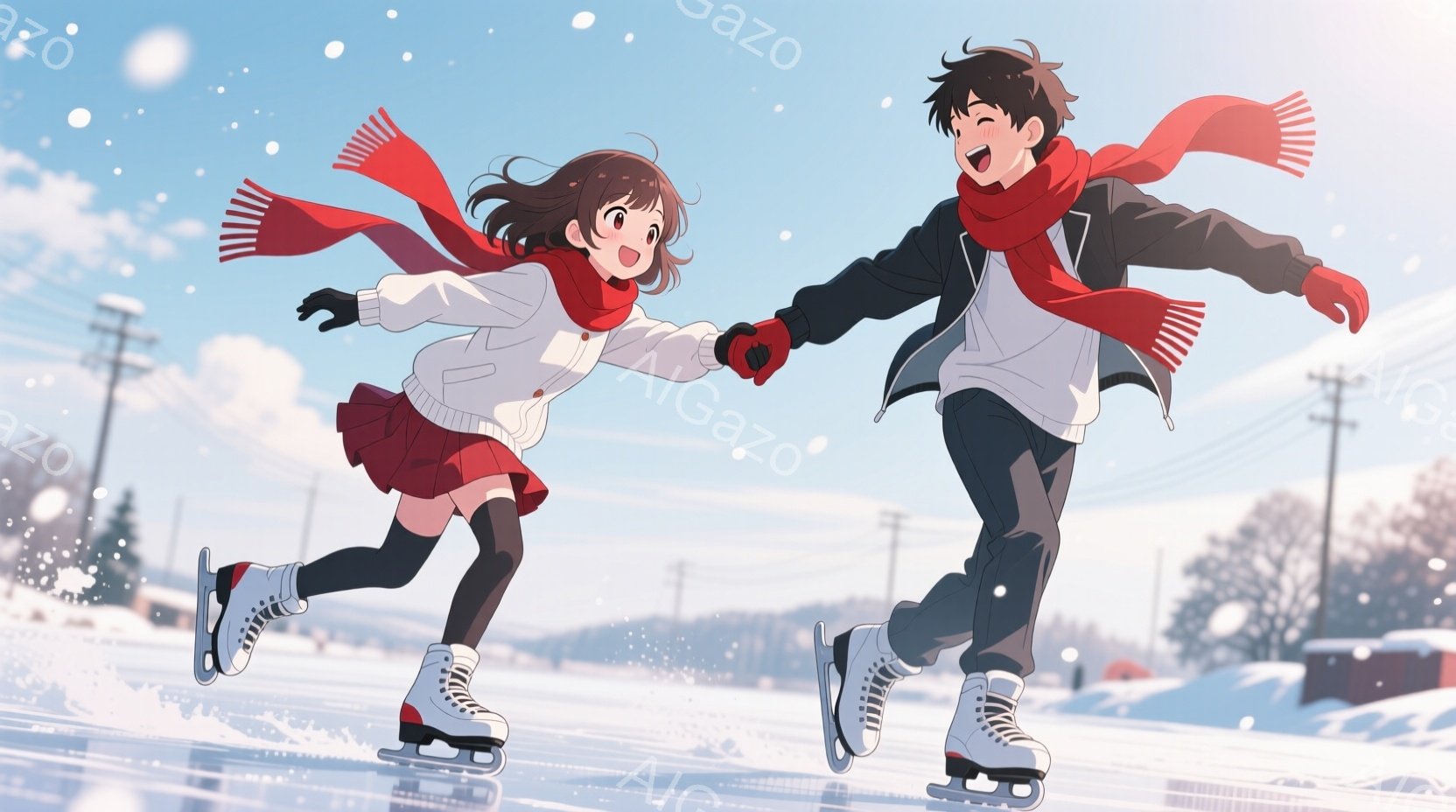 少女と少年がスケートリンクで手をつないで滑っている様子が描かれています。少女は赤いマフラーと赤いスカートを身につけ、黒髪をなびかせながら楽しそうに笑っています。背景には雪景色が広がり、遠くに建物や木々が見え、冬の暖かく幸せな雰囲気が漂っています。