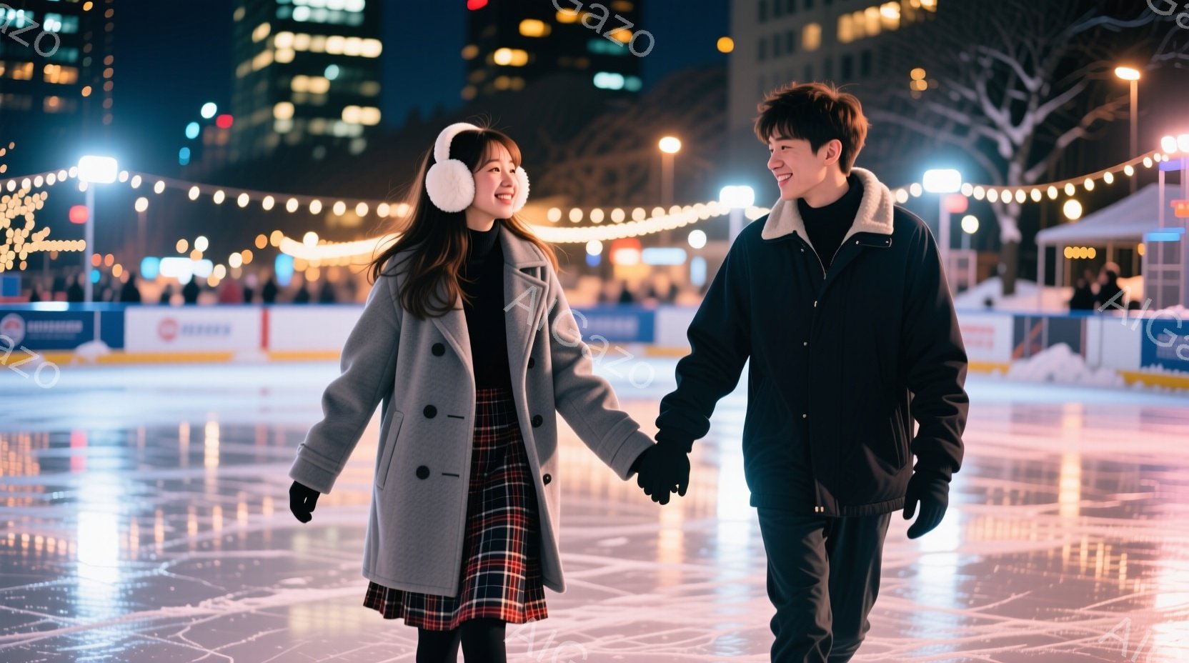 若い男女がアイススケートリンクで手をつないで歩いている。女性はグレーのコート、チェック柄のスカート、耳当てをつけ、微笑んでいる。背景には、ぼやけた街並みと、温かい光を放つイルミネーションがあり、ロマンチックで冬らしい雰囲気を醸し出している。