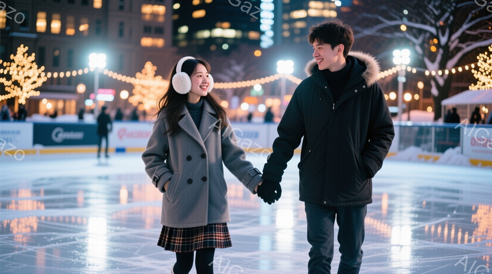 リンクで手をつないで歩く若いカップルが写っています。女性はグレーのコートにチェック柄のスカート、耳当てを付けて微笑んでいます。背景には、夜の街並みとクリスマスツリーのイルミネーションが輝き、冬のロマン - AI生成フリー素材