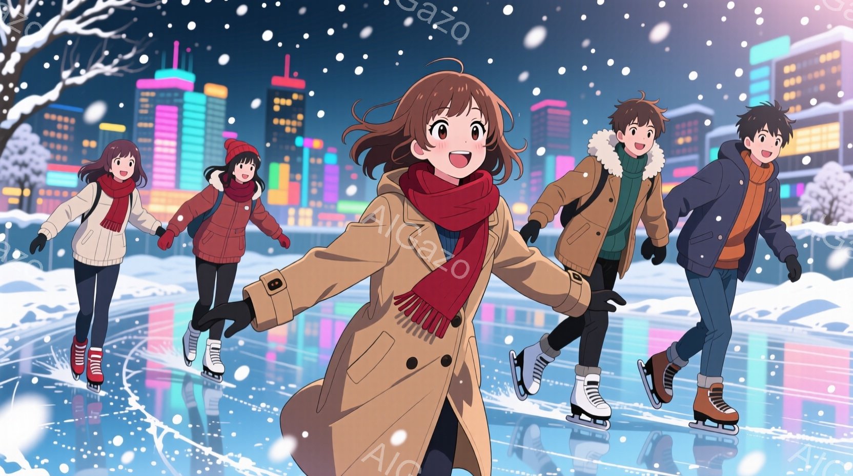 暖炉色のコートを着た女性が、アイススケートリンクで前進し、赤いマフラーが風になびいています。彼女の後ろには、他の３人の若者がアイススケートを楽しんでおり、それぞれが冬の服装と笑顔を見せています。背景に - AI生成フリー素材