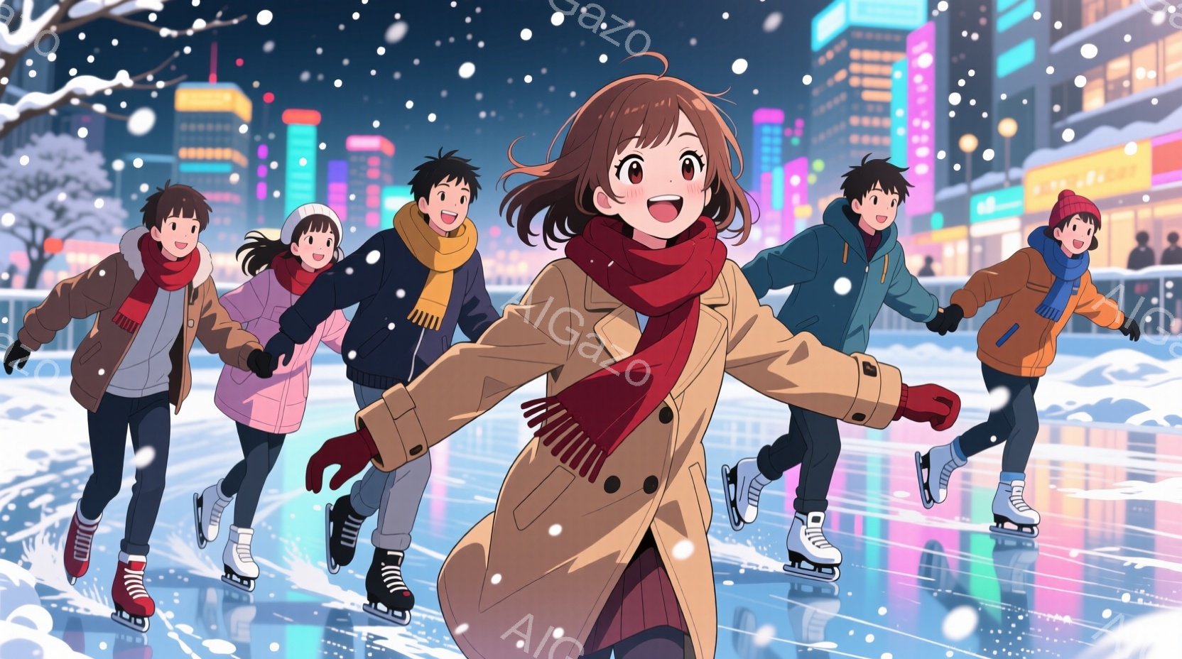 複数の若者がアイススケートリンクで楽しそうに滑っている様子が描かれている。彼らは皆、冬らしい暖かい服装で、カラフルなマフラーやコートを身につけ、笑顔で滑っている。背景には、雪が降る夜の街並みが見え、華 - AI生成フリー素材