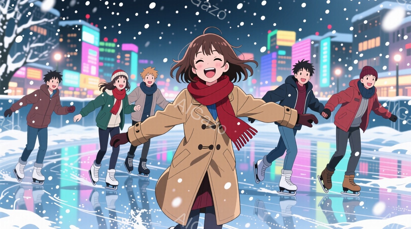 複数の人々がアイススケートを楽しんでいるアニメ風のイラストです。女性はベージュ色のコートと赤いマフラーを着用し、笑顔で両手を広げています。背景には、雪が舞う夜の街並みと、ライトアップされた建物が見え、 - AI生成フリー素材