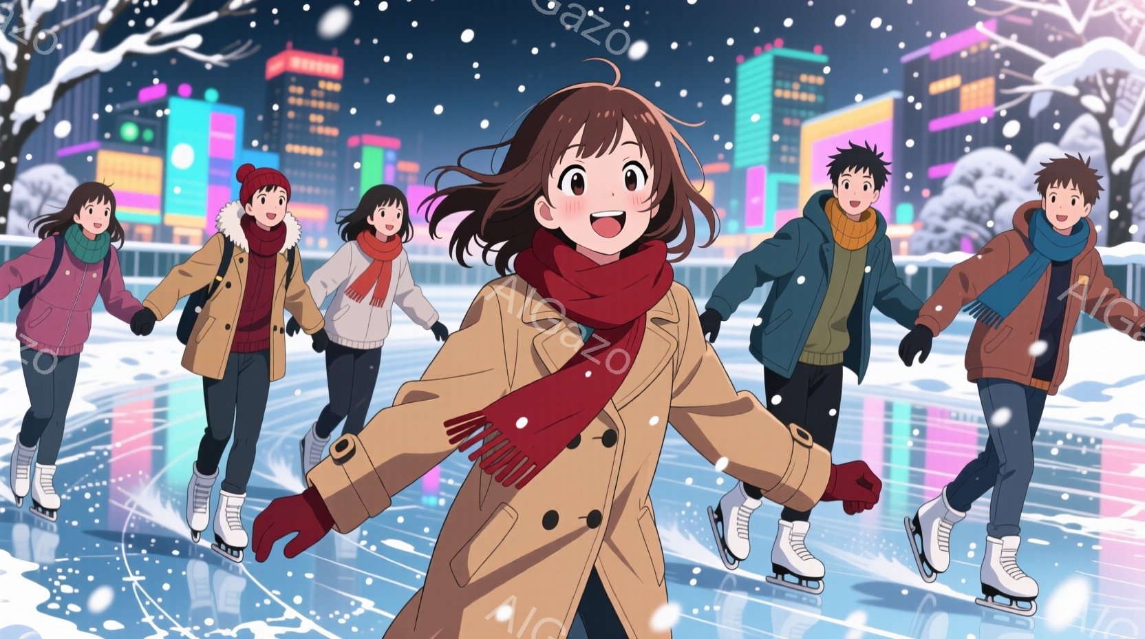 氷上を滑る若者たちのグループが描かれています。女性は茶色の髪を風になびかせ、赤いマフラーと茶色のコートを着て、笑顔で滑っています。背景には、夜の街並みと雪が降り積もる様子が描かれ、活気がありながらも冬の穏やかな雰囲気が漂っています。