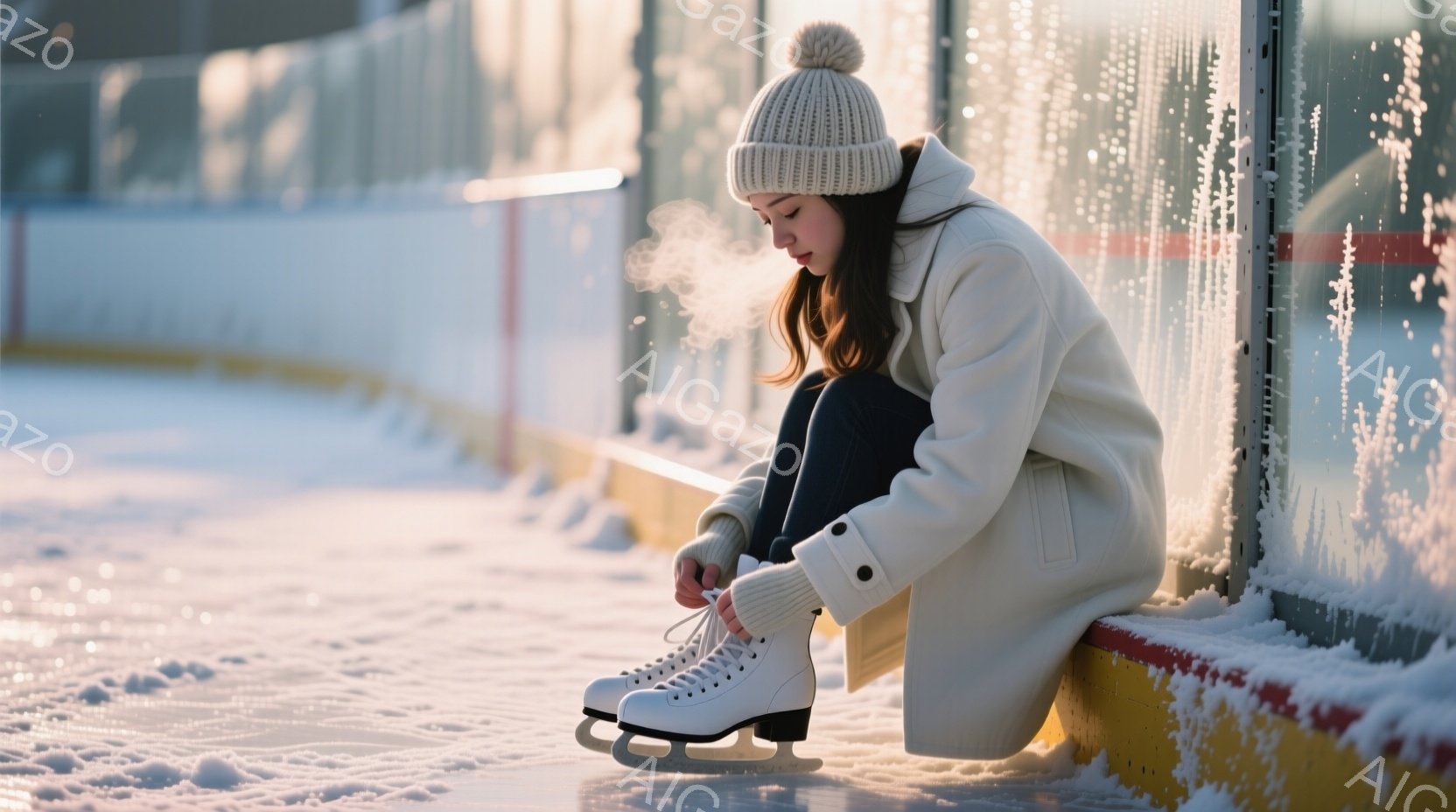 白いニット帽をかぶり、白いコートを着た女性が、スケートリンクの縁に座ってスケート靴の紐を結んでいます。彼女は少しうつむき加減で、真剣な表情で靴の紐に集中している様子です。背景は雪に覆われたスケートリンクで、朝日の光が反射してキラキラと輝き、冷たい空気を感じさせる冬の情景です。