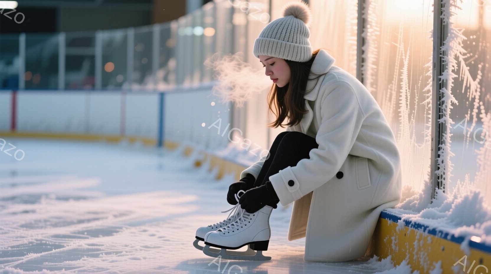 白いコートと黒いレギンスを身につけた女性が、アイススケートリンクの縁に座ってスケートの紐を結んでいます。彼女は黒い髪を後ろでまとめ、白いニット帽をかぶっています。背景はアイススケートリンクで、雪が降り積もり、リンクのフェンスには霜がついています。